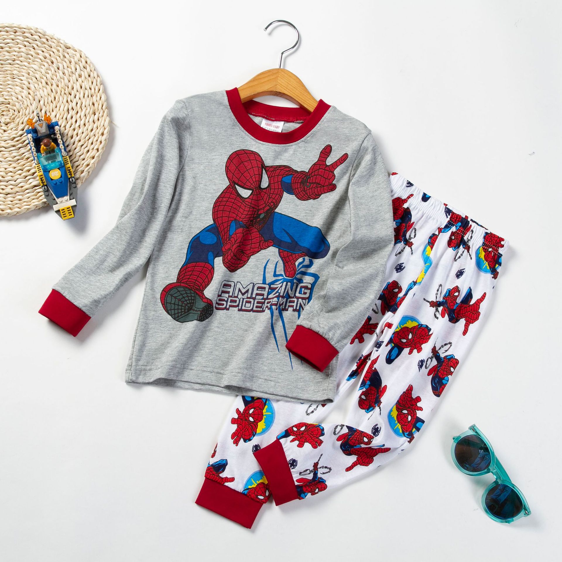 Primavera, Otoño e Invierno Pijama de algodón para niños de manga larga traje de dibujos animados para niños bebé homewear Spider-Man Captain America