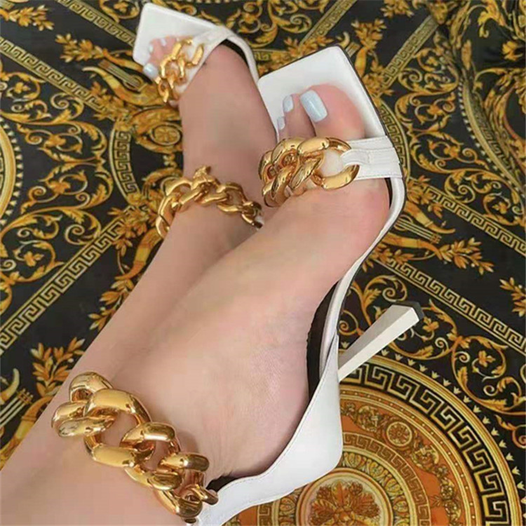 One Word Belt Chain Square Toe High-Heeled Sandals NSYBJ115841