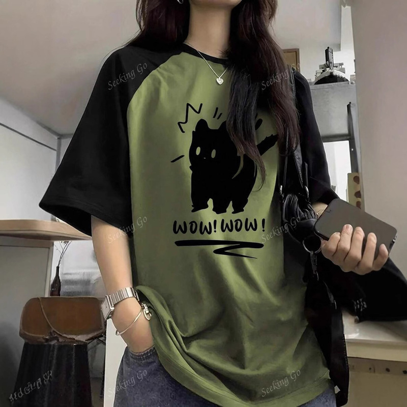 Women's Casual Y2K Cute Scare Cat Pattern Printed Raglan Sleeve T-shirt Fashion Foreign Trade Cross-border Hot Selling Short Sleeve