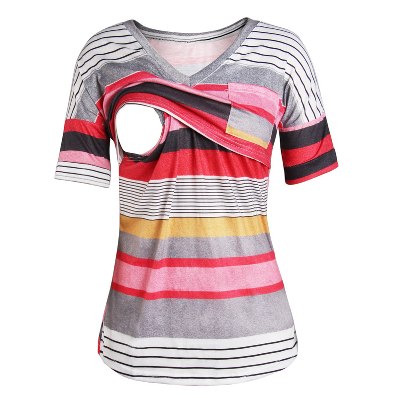 2022 cross-border European and American women's clothing Amazon striped lactation T-shirt round neck color matching short sleeve nursing top women's spot