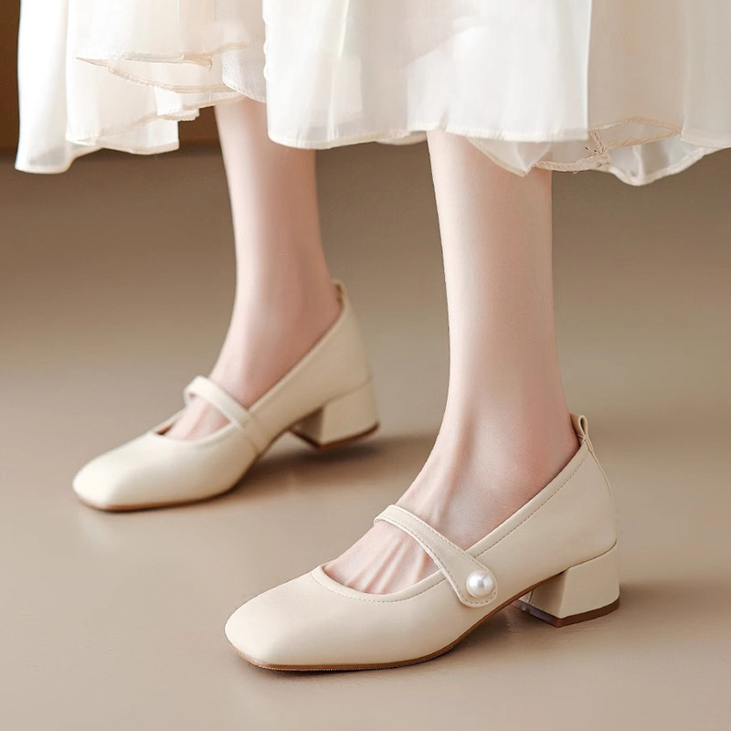 Genuine Leather 4cm Simple French Mary Jane Shoes Thick Heel High Heels One-Line Buckle Work Work Clothing Square Toe Small Heel Shoes Genuine Leather 4cm Simple French Mary Jane Shoes Thick Heel High Heels One-Line Buckle Work Work Clothing Square Toe Small Heel Shoes