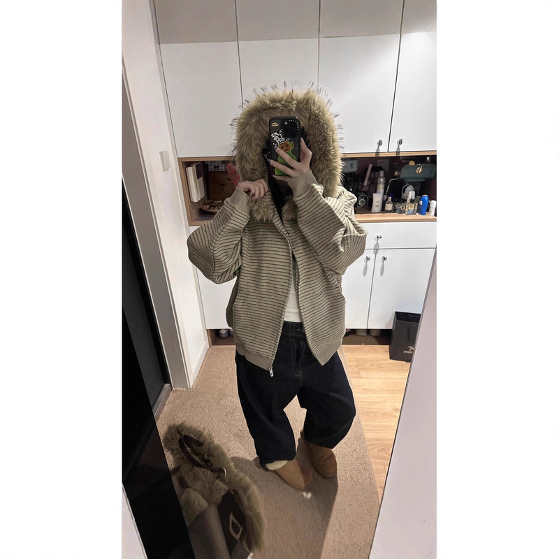 Large Fur Collar Hooded Sweatshirt Jacket for Women Autumn and Winter 2025 New Korean Style Lazy Zipper Stripesd Cardigan Top Ins