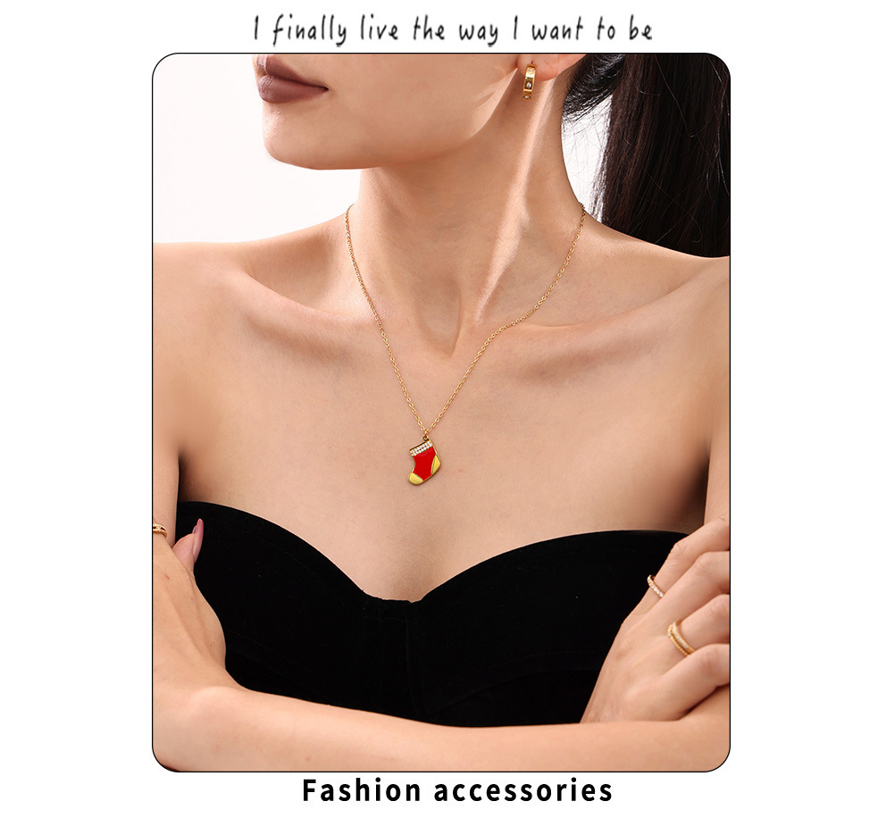Collier pendentif en zircon, petit et mignon, en acier inoxydable, avec chaussettes rouges dégoulinantes d'huile, cadeau de Noël Square Sugar_voghion.com