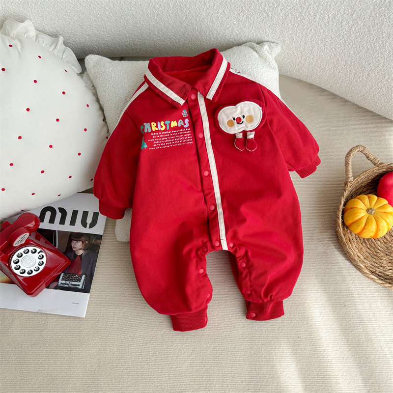 2024 nuevo producto bebé bebé coreano hombre bebé mono dibujos animados cara sonriente manzana mameluco rojo traje de año nuevo