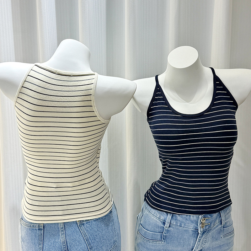 Good Luck Women's Clothing | Korean-Style Striped Vest with Sweet Lace Straps and Built-In Bra Pads, Sleeveless Top.