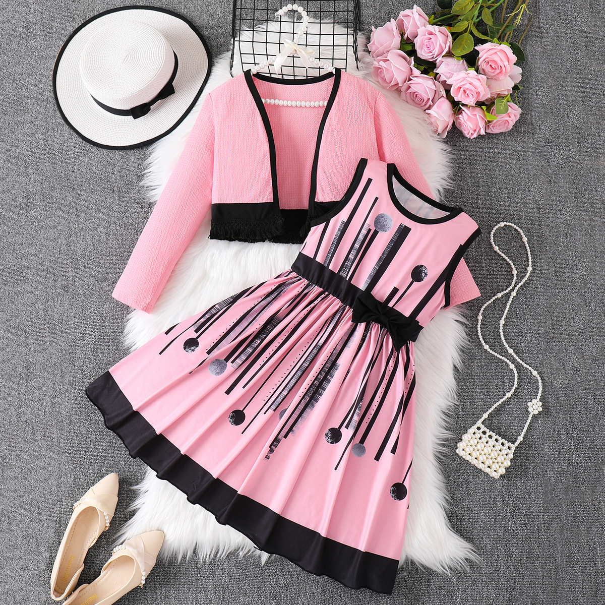 Cross-Border Girls' Skirt Suit Pink Vest Dress Long-Sleeved Jacket Girl Autumn Skirt Children's Two-Piece Set