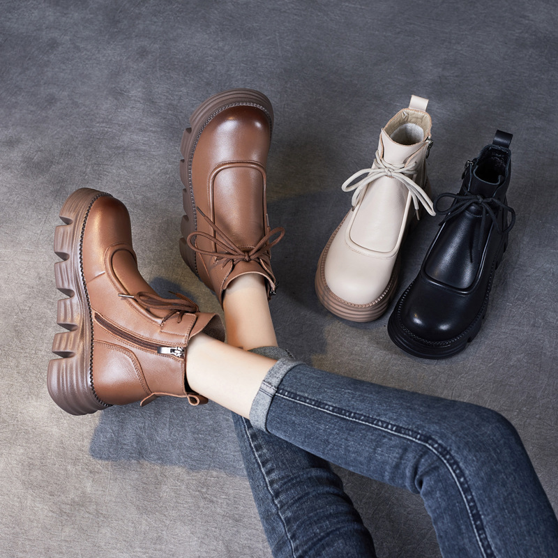 Top layer cowhide 6cm platform shoes thick bottom ankle boots Martin boots spring and autumn pure leather ankle boots vintage Martin boots