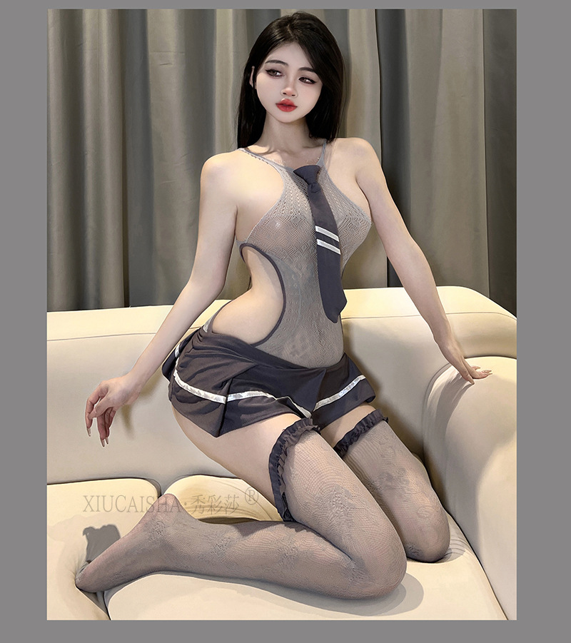 JK Uniform Roleplay Lingerie Set with Tie, Skirt Dress and Stockings in Grey — detail image 13
