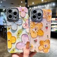 日韩滴胶水钻油画花朵适用iPhone15手机壳苹果14promax全包镜头13