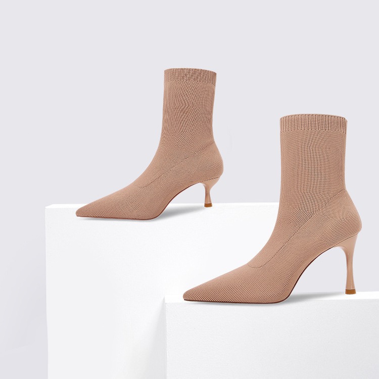 Botas de Primavera 2025 para Mujer, Botines de Tacón Alto, Botas Cortas de Punto para Primavera y Otoño, Botines de Punta con Tacón Fino.