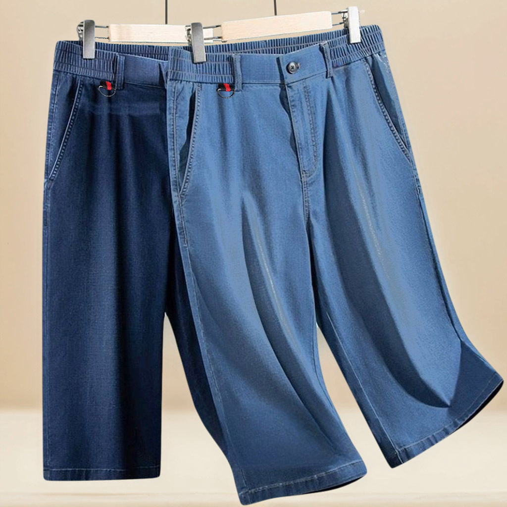 Men's Cropped Jeans Summer Thin Style Middle-Aged and Elderly Loose Large Size Mid-Length Shorts Dad's Cropped Pants Men