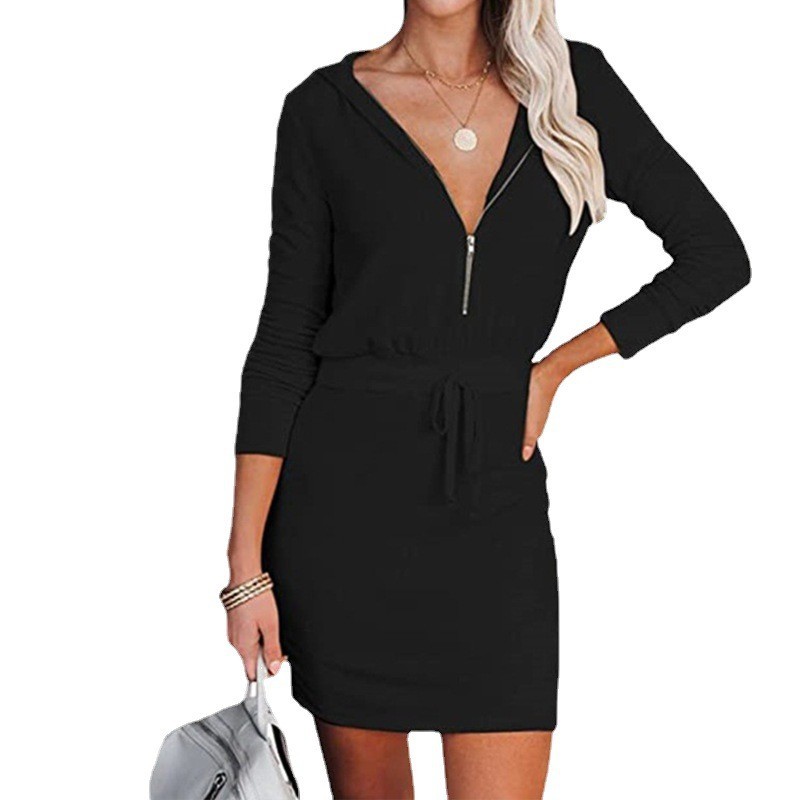 Women's Trendy Solid Color Dress Zip Front Long Sleeve Hoodie Style Waist‑Cinched Casual Daily Wear_ecoleips.com
