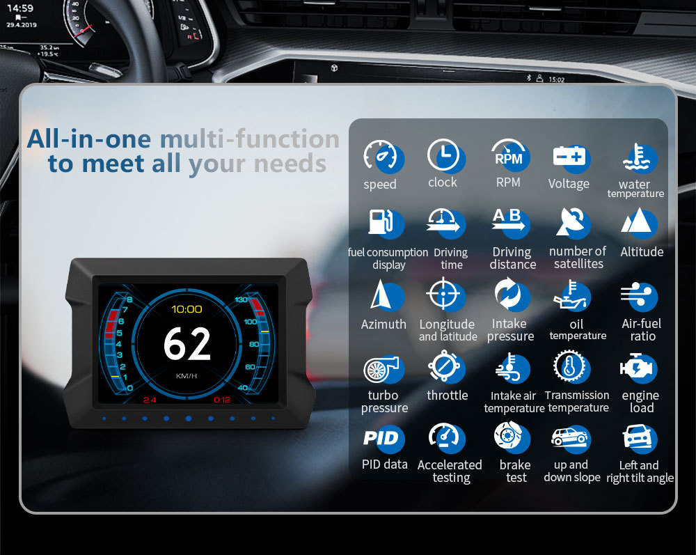 Cross-border multifunctional LCD HUD head-up display car-mounted high-definition OBD automotive instrument digital GPS inclinometer