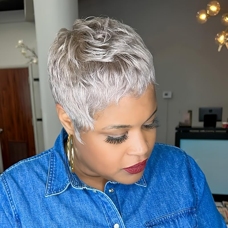 Cross-Border European and American Wig Gray Pixie Cu Short Headgear African Women's Short Hair Handsome Gray Synthetic Hair Wholesale Cross-Border European and American Wig Gray Pixie Cu Short Headgear African Women's Short Hair Handsome Gray Synthetic Hair Wholesale