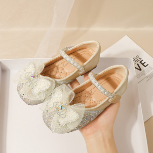 Girls' Shoes Princess Shoes 2024 New Children's Small Leather Shoes Crystal Shoes Baby Single Shoes Spring and Autumn Shoes Soft Sole Big Children