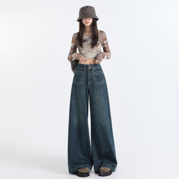 Dark Blue High-Waisted Wide-Leg Jeans for Women, 2026 Spring and Autumn New Vintage Loose Drape Straight Pants for Petite Figures