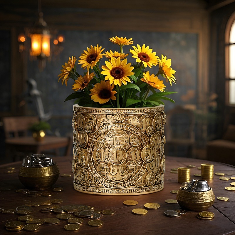 Kindergarten Specializes in Retro Gold Coin Resin Flower Pot Ornaments, Home Desktop Decoration, Garden Planting Containers, Small Gifts