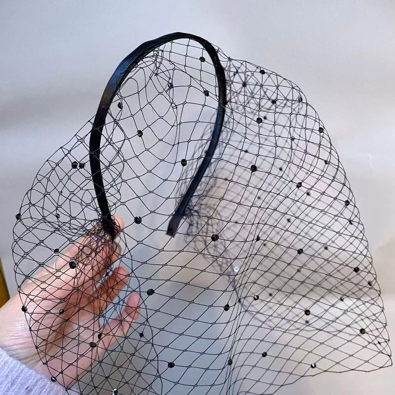 Amazon European and American Retro Headband Bridal Accessories Party Mesh Women's Hair Accessories Face Covering Rhinestone Pearl Veil Headband