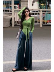 設計感V領長袖T恤女秋季2025年新款收腰綁帶打底衫內搭不規則上衣