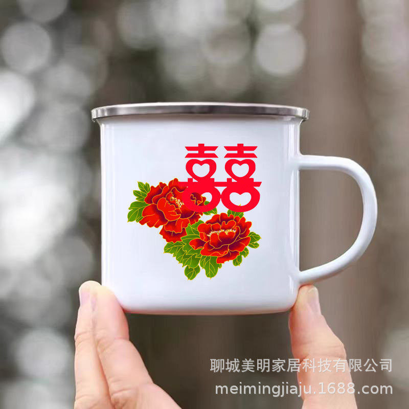 Taza de esmalte roja, taza de pastel de fresa, taza de esmalte nostálgica, taza de té nostálgica, taza de agua de esmalte doble con tapa