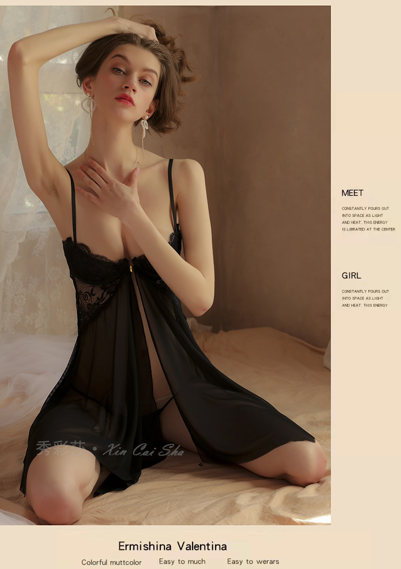Lace Sheer Babydoll Nightdress with Steel Front Bracket and Split, Pink with Thong — detail image 13