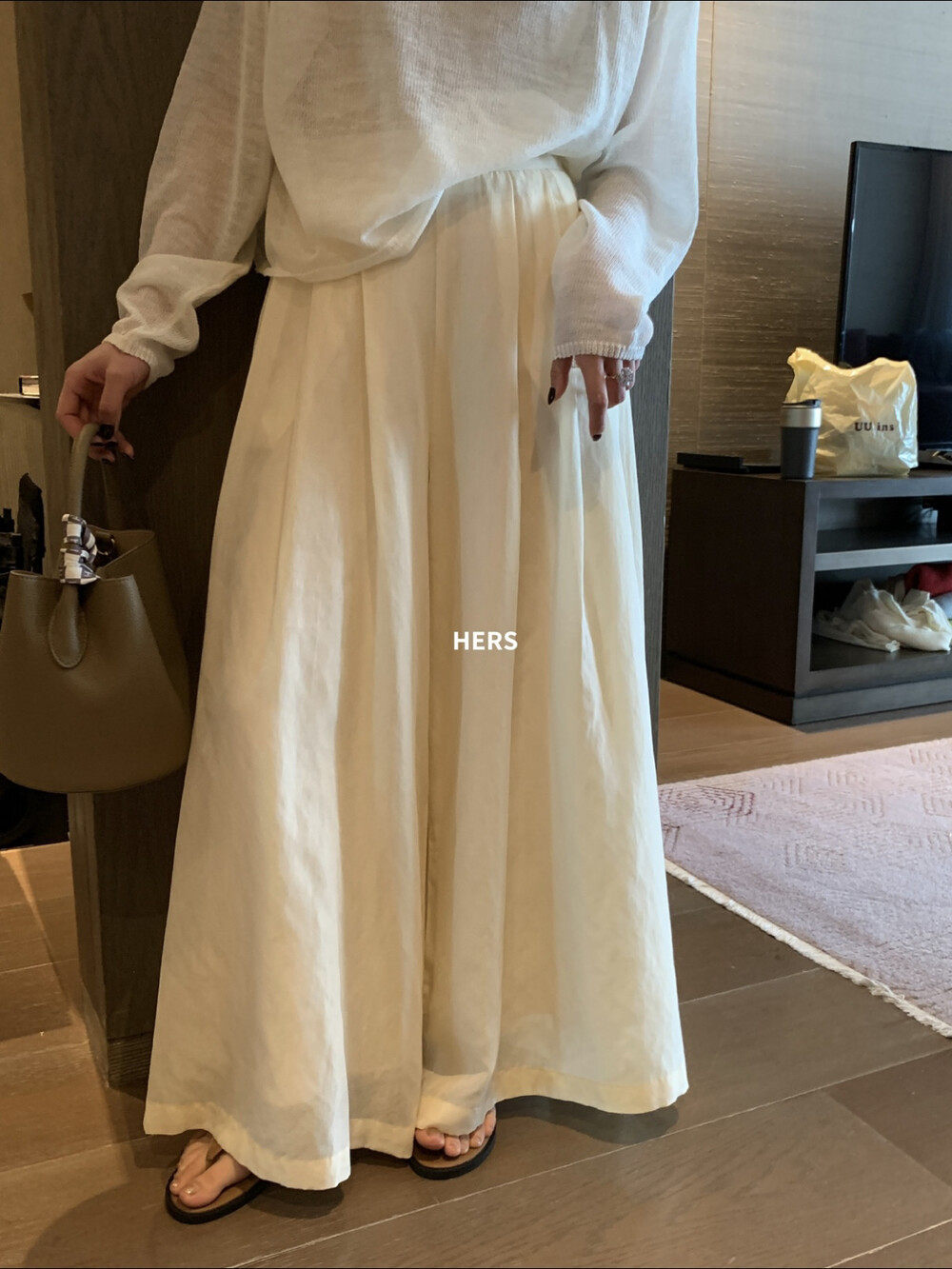 Quần culottes nữ ống rộng cạp cao thun lưng dáng suông phong cách Nhật — Thẻ hồng, màu trắng chi tiết 11