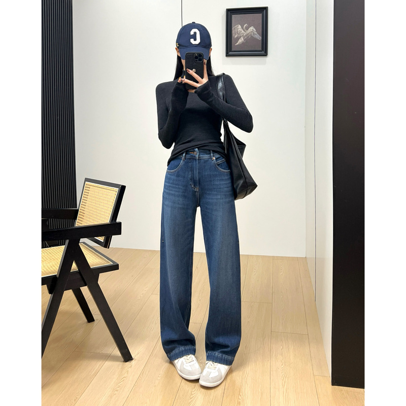 Fairy Pants with a Drapey, Stylish Fit, High Elasticity, Goose Down, Fleece-Lined, Thickened Denim, Women's High-Waisted Narrow Wide-Leg Pants, Versatile