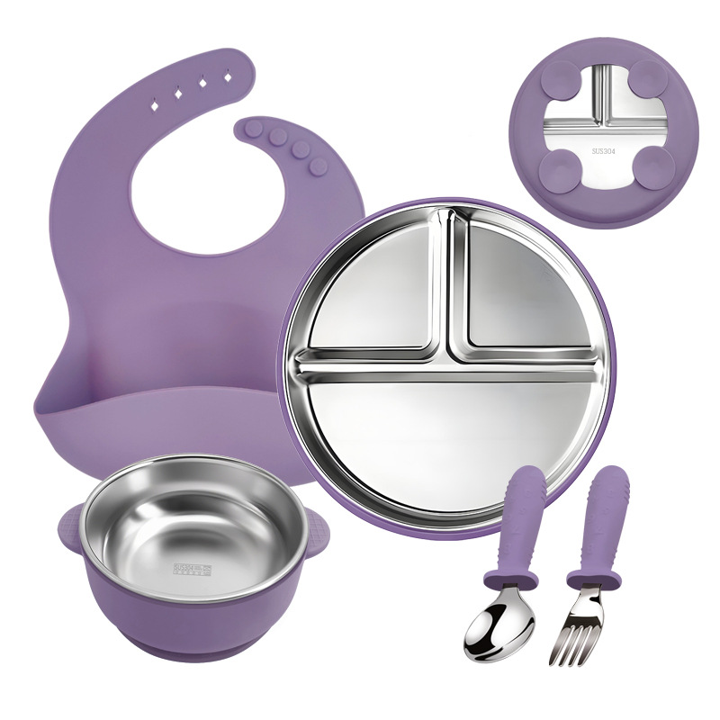 Bandeja de comedor de acero inoxidable 304 para niños Juego de cinco piezas Ventosa inferior Tipo de rejilla dividida Vajilla para niños Placa de rejilla cuantitativa para estudiantes