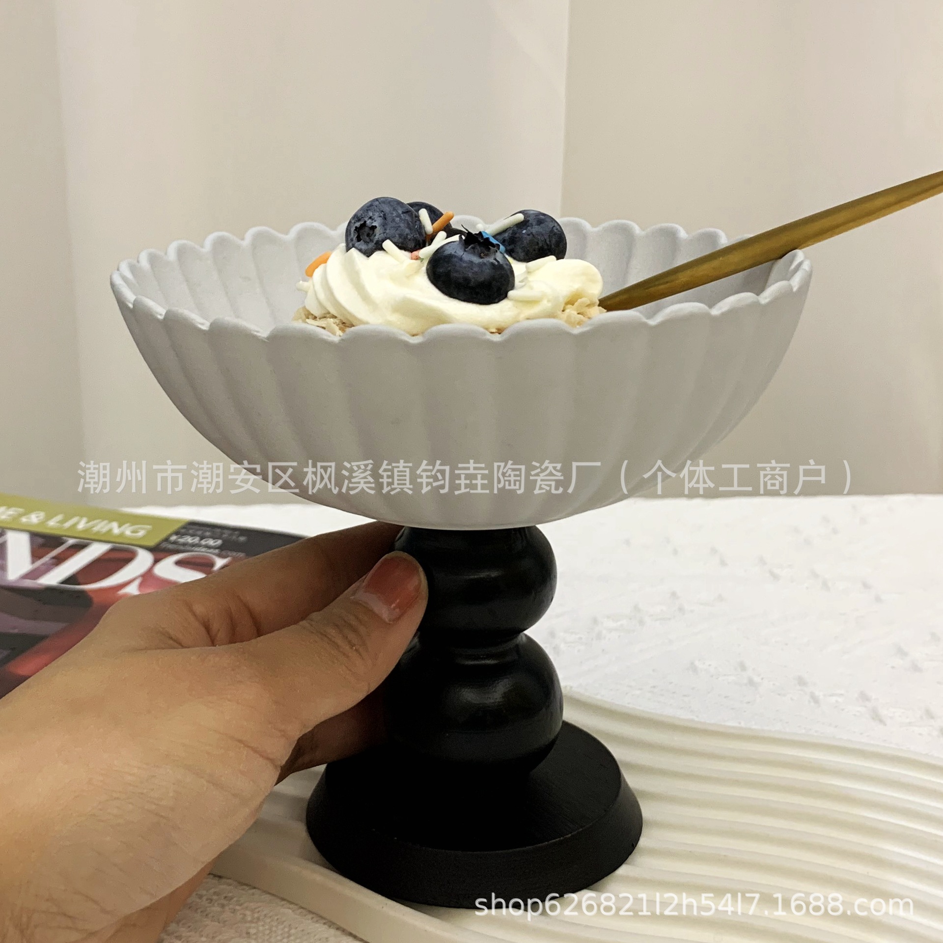 法式复古菊花款陶瓷水果碗高颜值果盘木质高脚碗零食碗高脚陶瓷碗