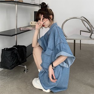 Women's plus size Clothing Super Good-looking Half-sleeve Denim Shirt Spring and Autumn Thin Bf Retro Loose Short-sleeve Jacket Trendy