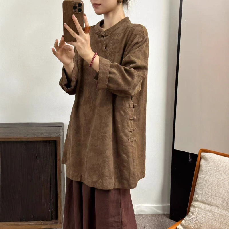 新品立领斜襟外穿宽松中式女衬衫盘扣茶服复古亚麻提花上衣|undefined