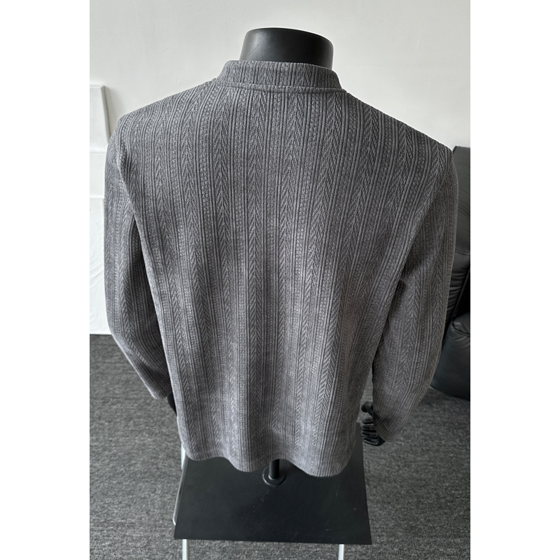 Textured Wheat-ear Pattern Henry Collar Long-sleeve T-shirt For Men, Spring Cleanfit High Street Style, Stylish And_voghion.com