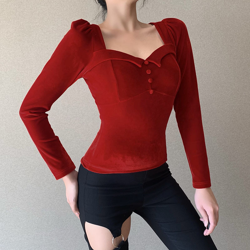 Solid Color Square Neck Slim Long-Sleeved Top NSXE108413