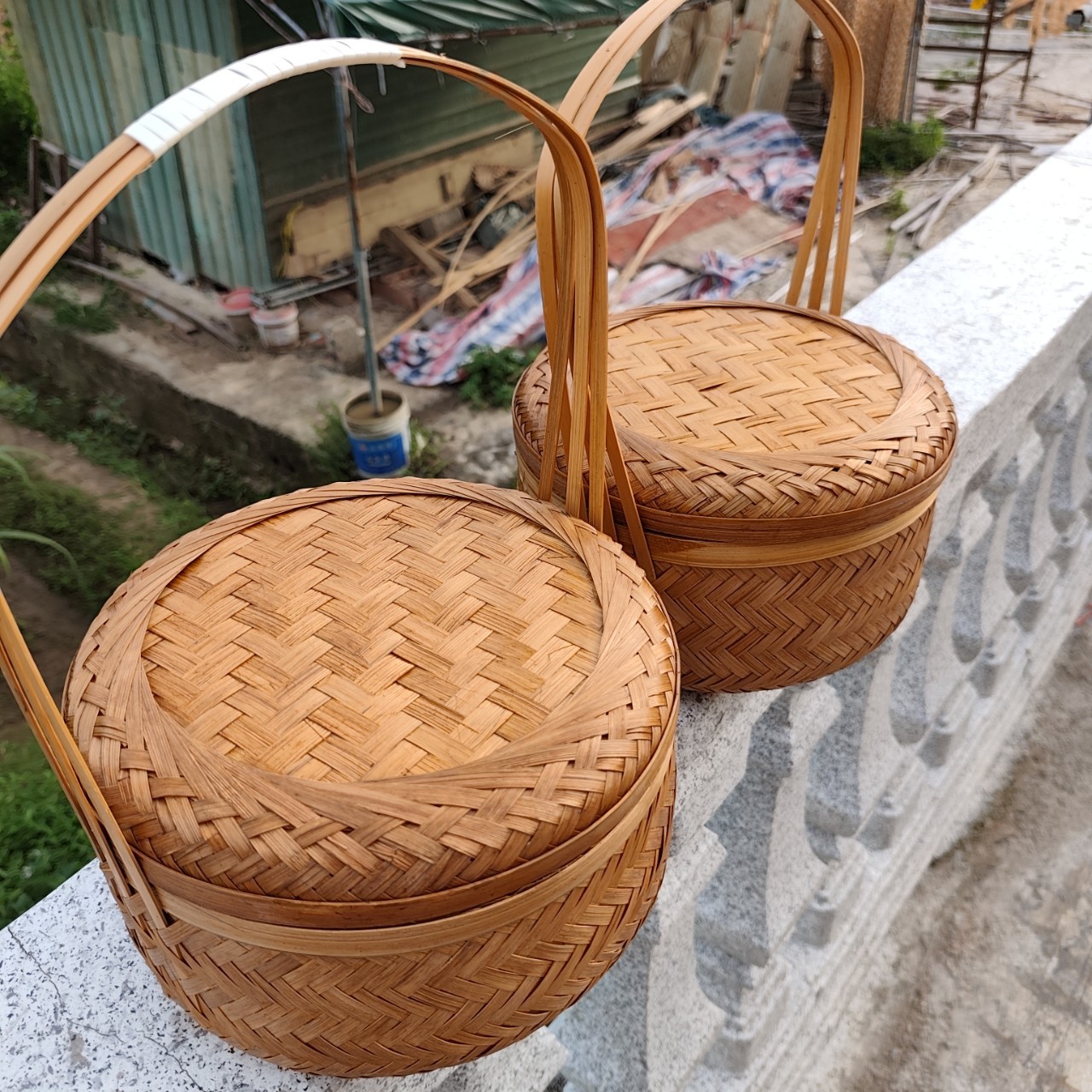 Cesta de Bambú Tejido Grande Redonda con Tapa para Regalos y Hogar