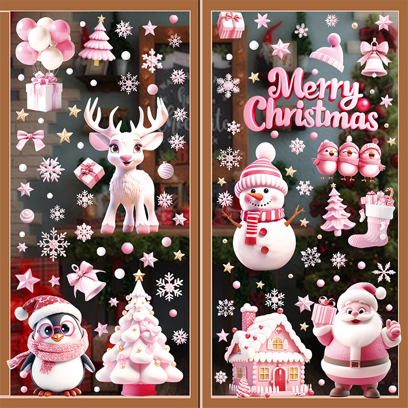 新しいピンクのクリスマスのクリスマスの窓は3dサンタクロースの家の雪のガラスの扉の装飾を貼って絵を貼ります。|undefined