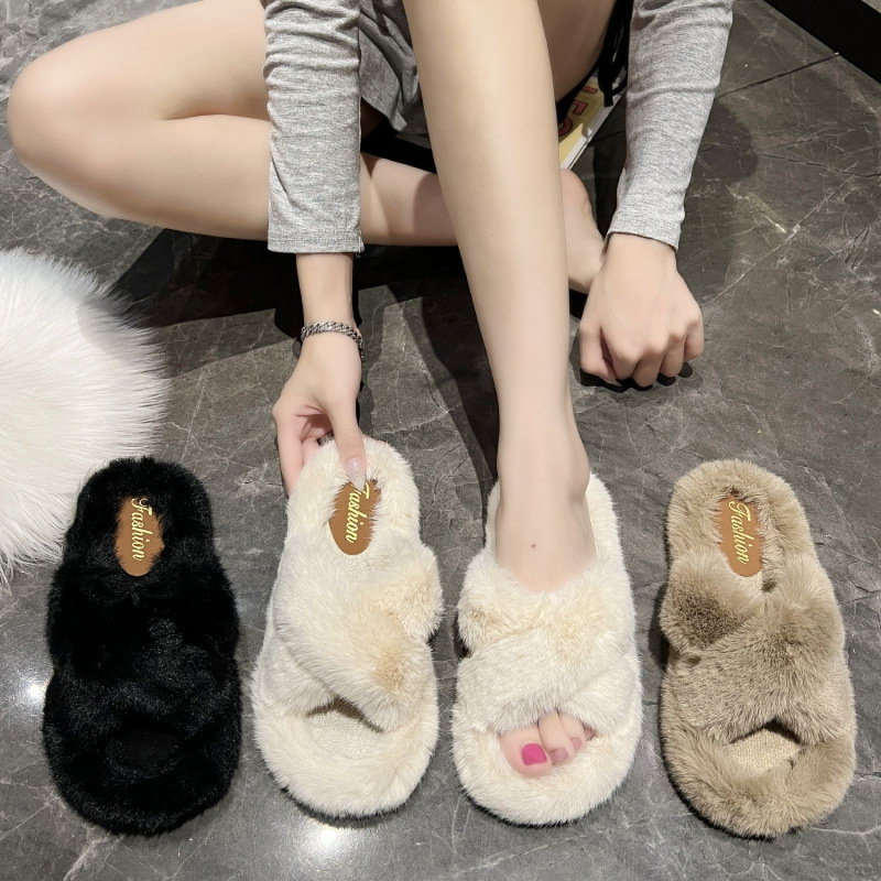 保暖毛毛拖鞋女秋冬新款交叉带拖鞋时尚外穿厚底网红ins棉拖鞋女|undefined