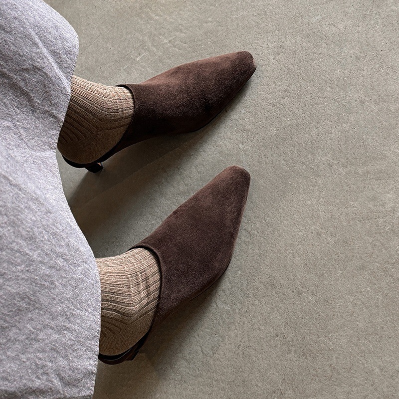 Giày mule nữ da cừu mũi vuông gót 4,5 cm, phong cách Hàn Quốc, dép nửa kéo tiện lợi — màu nâu