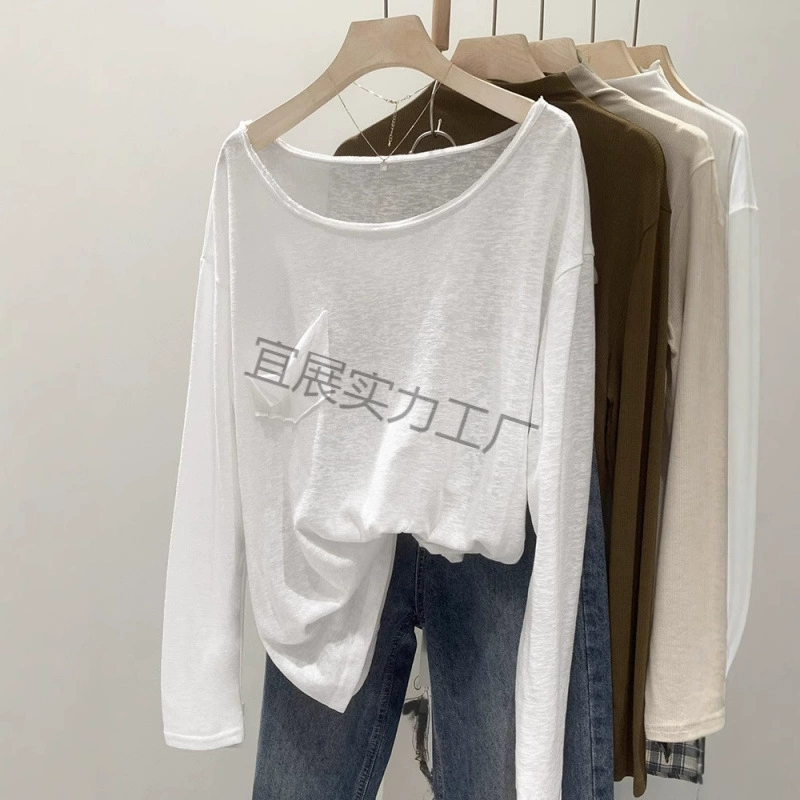 Тонкая солнцезащитная блузка для женщин, белая футболка с длинными рукавами и низким U-образным вырезом, летний шикарный, непринужденный и ленивый топ для верхней одежды.