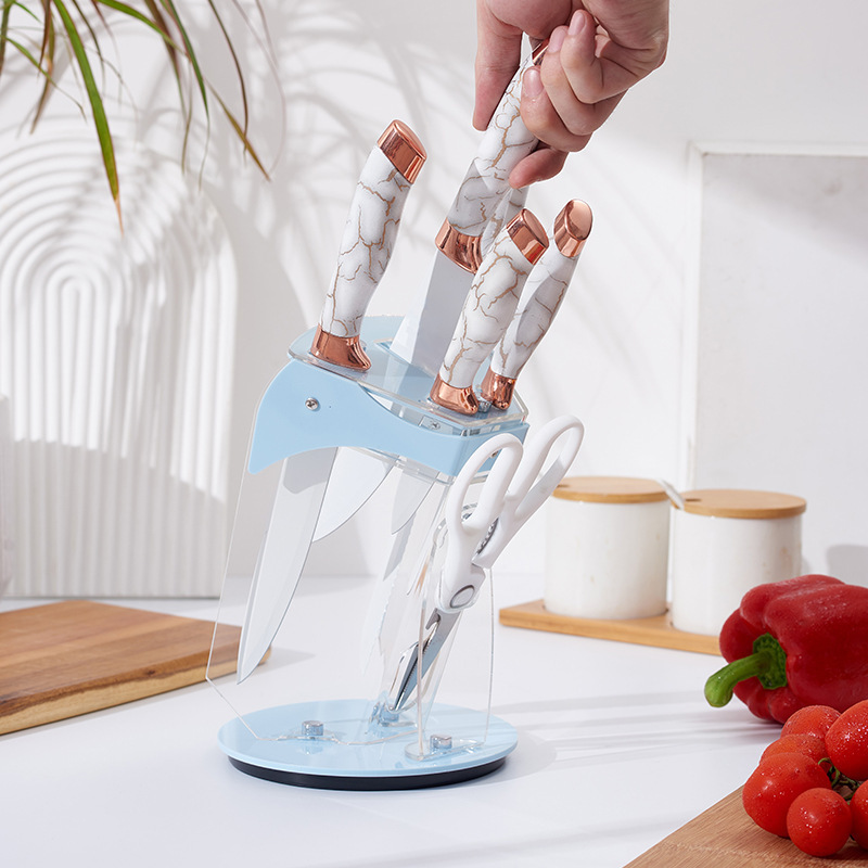 Juego de caja de regalo de mango de cabezal de doble galvanoplastia de patrón de mármol de 6 piezas de cuchillos de debut de punto de comercio exterior