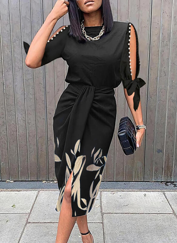 Women's Clothing High Waisted Blue Casual Dress New Mid Length Printed Sleeve Hollow Out Women's Clothing_ecoleips.com