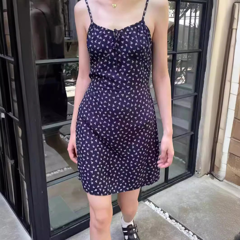 BM Floral Small Fresh Sling Dress Women's Summer Over-the-knee Age-reducing Rose Suspender Long Skirt ins