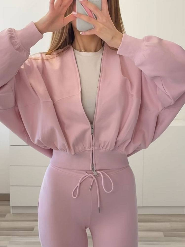 Women's Casual Bomber Jacket And Flared Pants Sportswear Set_voghion.com