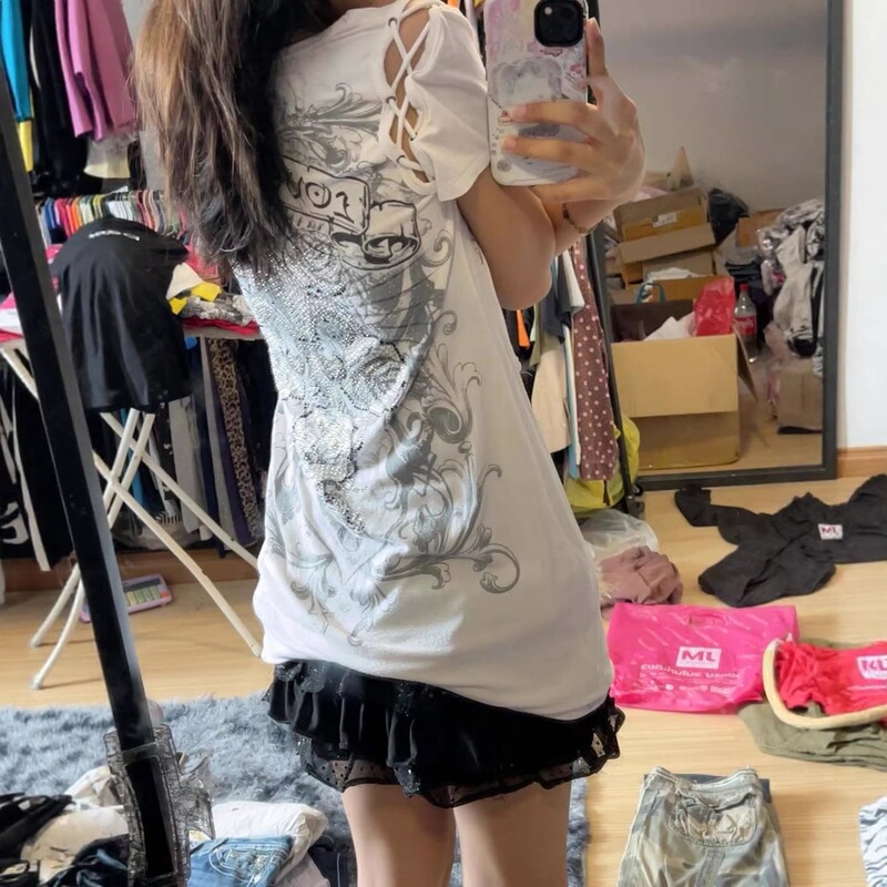 2026 Summer Women's Dark Trend Lace-Up Decorated Harajuku Ins High Street Slim Fit Pullover T-Shirt Gothic Clothing 2026 Summer Women's Dark Trend Lace-Up Decorated Harajuku Ins High Street Slim Fit Pullover T-Shirt Gothic Clothing