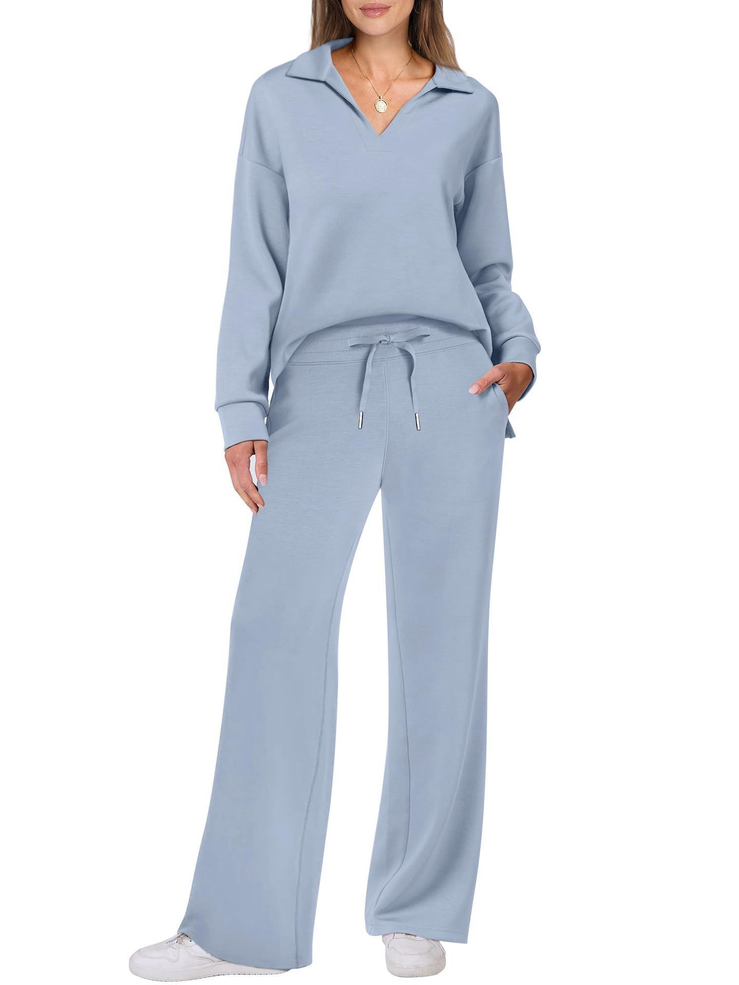Women's Tracksuit Sports Suit V-neck Long-sleeved Pullover Top And Drawstring Straight-leg Trousers Casual Solid Trousers Set