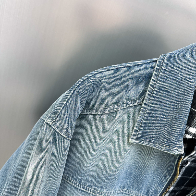 Herrenbekleidung neue Lederlabel-Jeansjacke Mode gewaschene Herren-Lockerjacke Reversmantel Trend_voghion.com