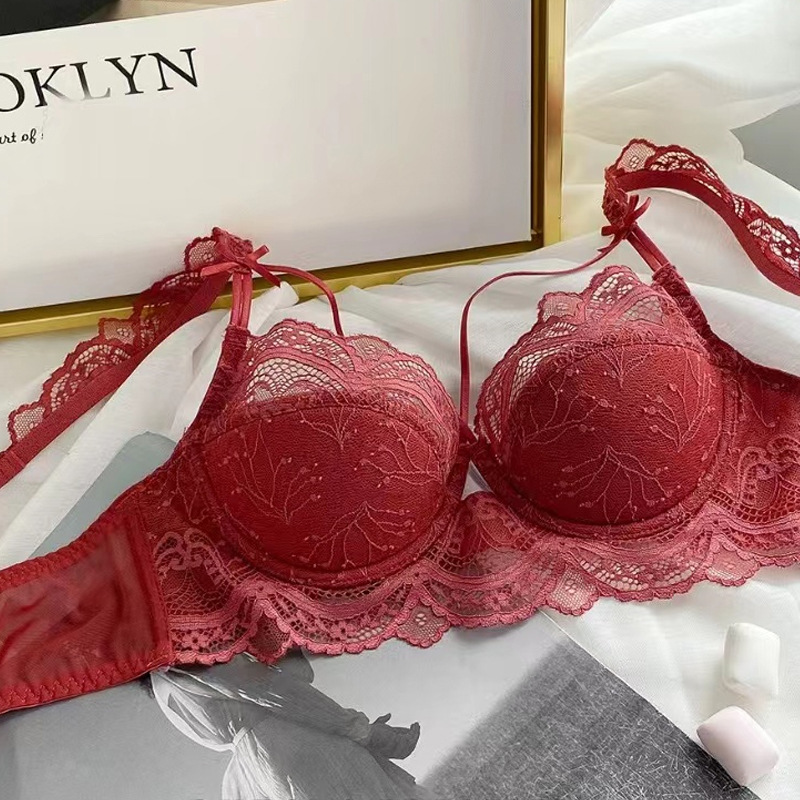 Grands anneaux en acier rouges de mariage fins et de grande taille, soutien-gorge avec ensemble de sous-vêtements froncés en dentelle pour femmes_voghion.com