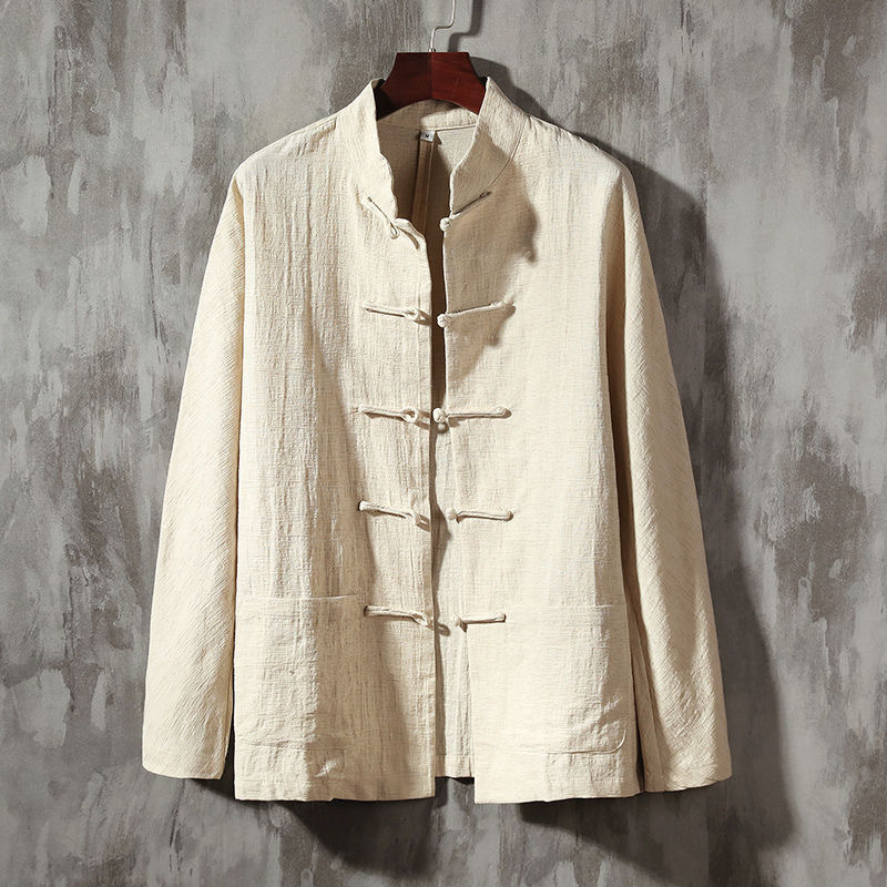 Primavera y otoño Nuevo estilo chino retro para hombres Camisa de lino de estilo chino Camisa de manga larga con hebilla de algodón y lino para hombres con cuello alto Traje Tang image 3
