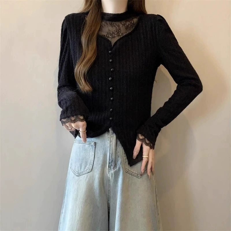 Кружевная шейка с наполовину воротником топ женский весенний и осенний новый стиль