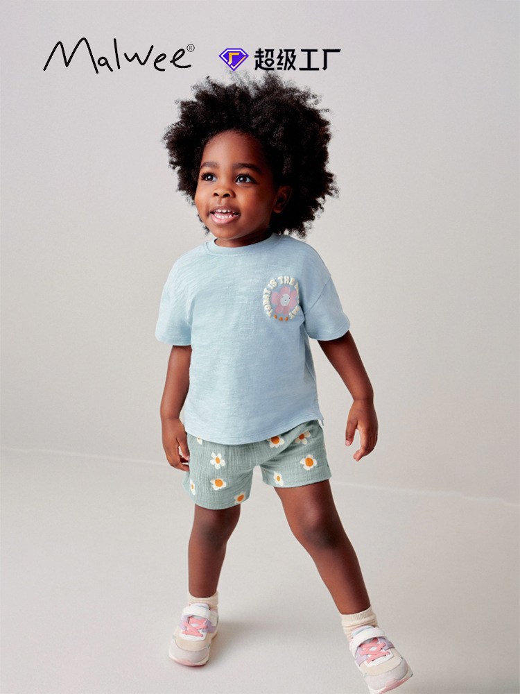 Traje para niños malwee transfronterizo, nuevo estilo de verano, camiseta de cuello redondo para niños pequeños y medianos europeos y americanos, traje de dos piezas casual de moda