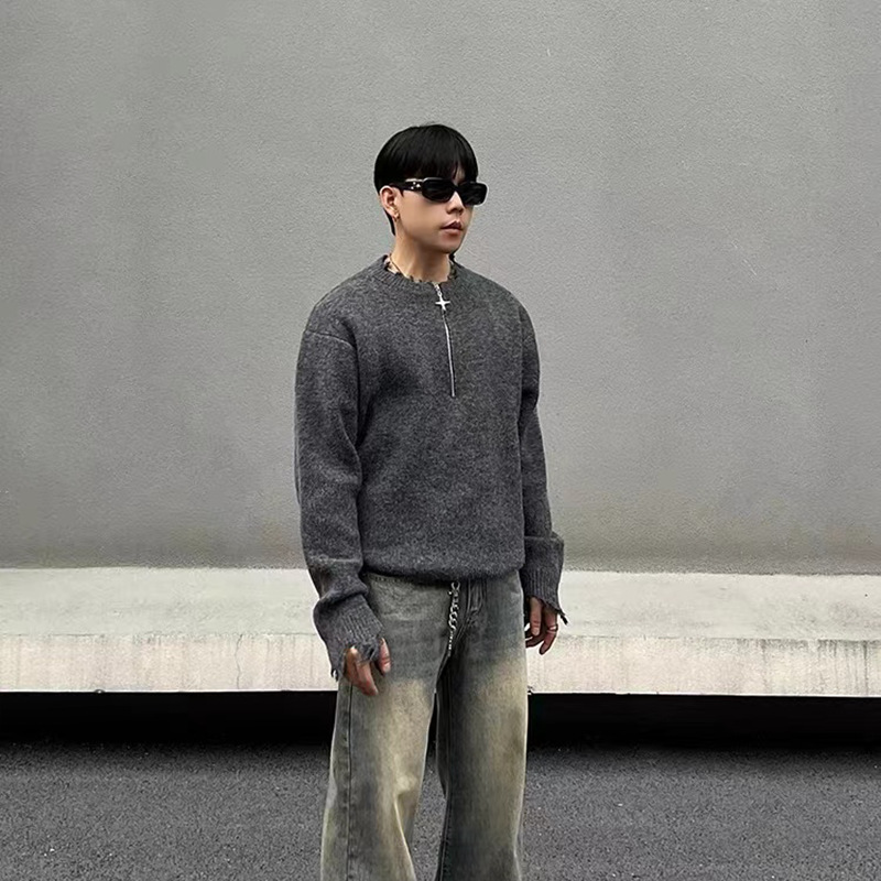 Zipper New Street Distressed Design Black Half-Zip Sweater Men's Loose Lazy Style Knitwear_voghion.com